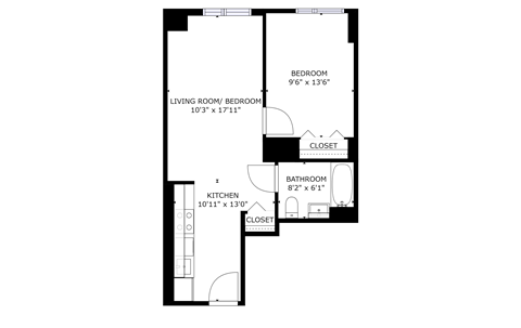 Floor plan for 1 bed, 1 bath, 512 sqft